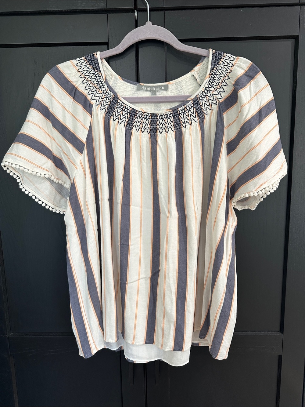 Daniel Rainn Cream Navy and Tan Striped Smocked Neck Blouse